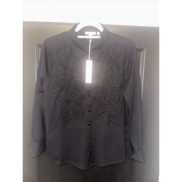 Chicos NEW Black 2 Knit Top Lace APP Knit Shirting Top LS Fashion Knit Alabaster - Picture 1 of 6
